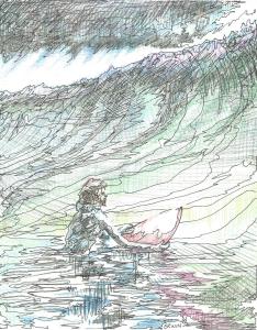 I did the line drawing, then added color; wasn't totally stoked on that, did the color version, then, because it seemed too bright, added lines. Different perspectives.