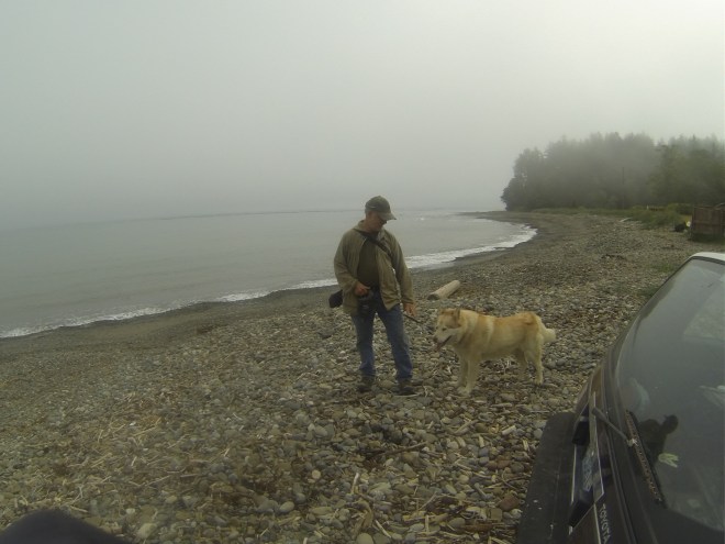 Josey Paul at the same beach. Still no waves. He walks his dogs here daily, but couldn't give me a report on recent wave activity. He said the area was once bigger than Port Angeles, center for logging, clay mining, bars, prostitutes, you know. None of them probably noticed the surf either.