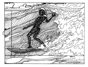 the ghost of Rincon, adapted from a Ron Stoner photo of Miki Dora, both feeling the music 