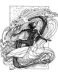 My only woman, Trish (work and surfing, oh, and drawing and writing are the 'other' women) said the dark swoop (and I was trying to keep this simple, possibly for a t shirt design) looked like a big sea snake or something, so, now the drawing's all more complicated